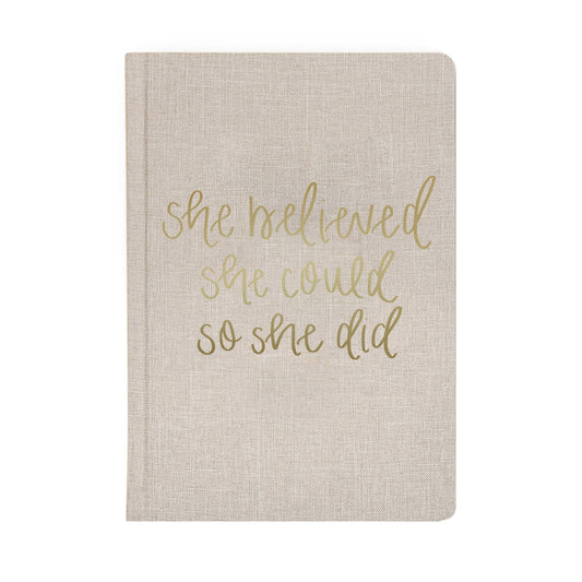 She Believed She Could - Tan and Gold Foil Fabric Journal - JMCandles and Home